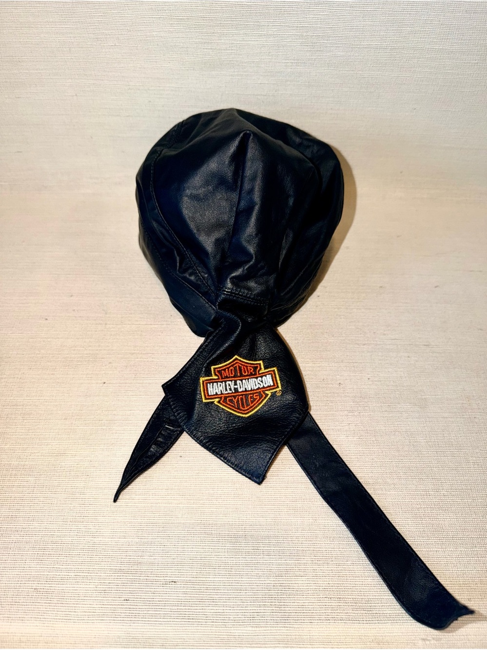 Harley-Davidson Black Leather Biker Skull Cap with Logo Patch Large Pre Owned